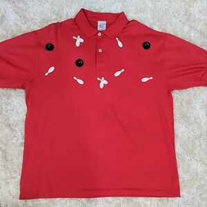 Vintage Men's Red Embroidered Bowling-Themed Polo Shirt